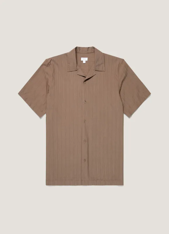 Men's Textured Stripe Camp Collar Shirt in Dark Cedar made by Sunspel