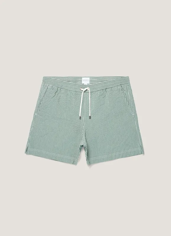 Men's Seersucker Swim Shorts in Bright Green/White made by Sunspel