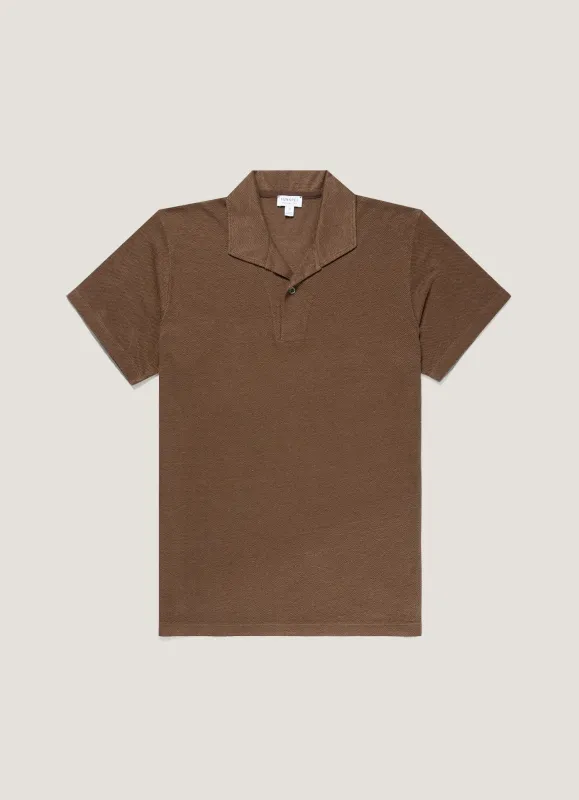 Men's Linen Piqué Polo Shirt in Dark Walnut made by Sunspel
