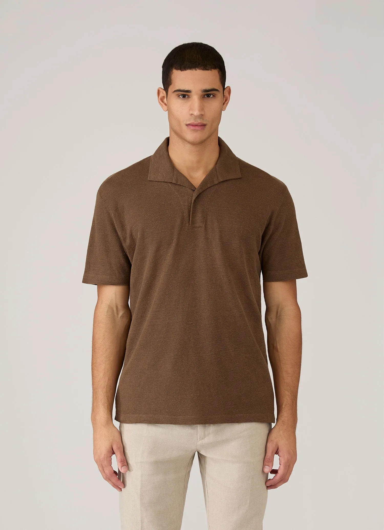Men's Linen Piqué Polo Shirt in Dark Walnut sold by Sunspel product image thumbnail 2