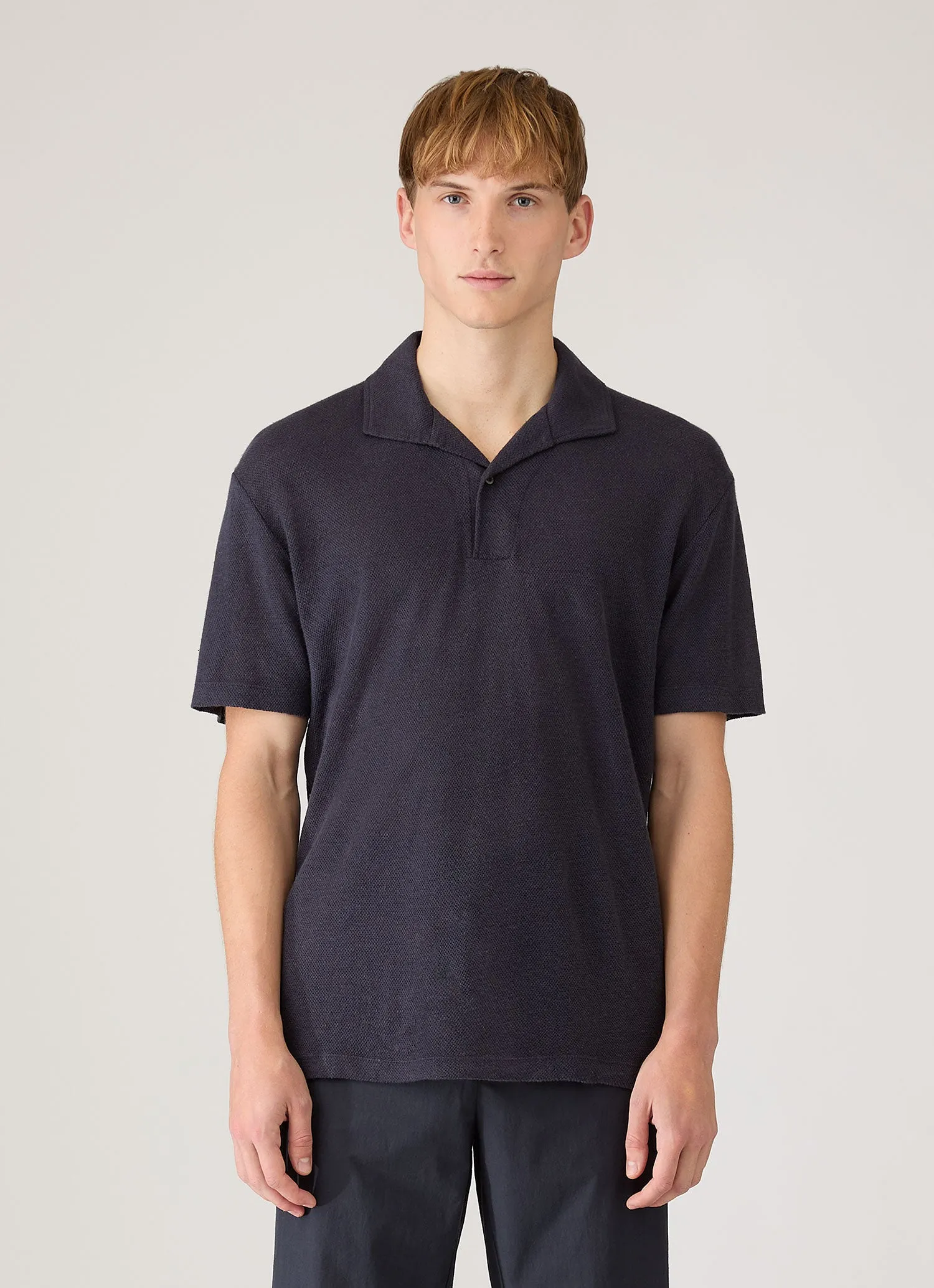 Men's Linen Piqué Polo Shirt in Navy sold by Sunspel product image thumbnail 2