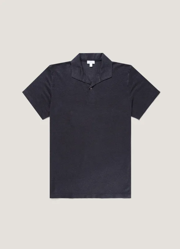 Men's Linen Piqué Polo Shirt in Navy made by Sunspel