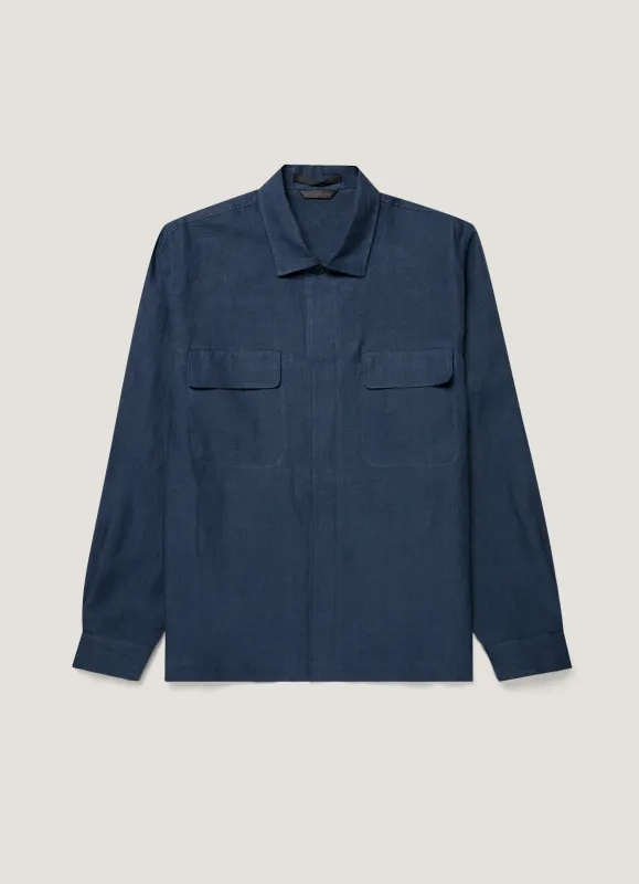 Men's Linen Overshirt in Light Navy made by Sunspel