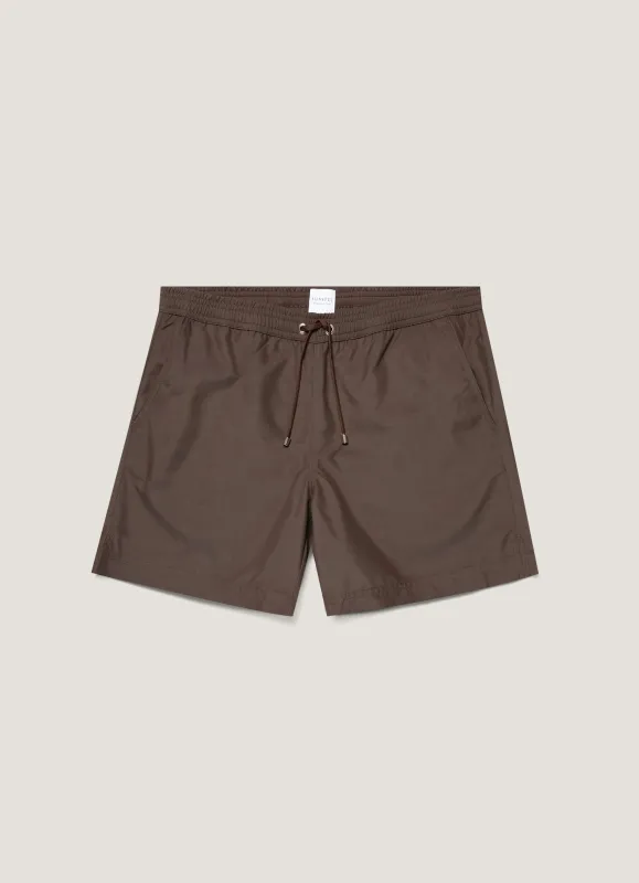 Men's Drawstring Swim Shorts in Dark Walnut made by Sunspel