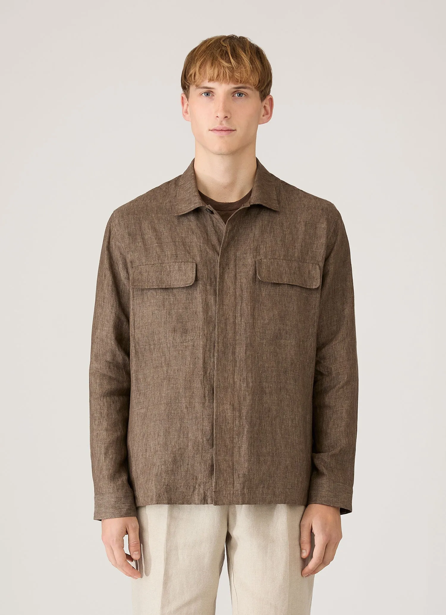 Men's Linen Overshirt in Dark Walnut sold by Sunspel product image thumbnail 2
