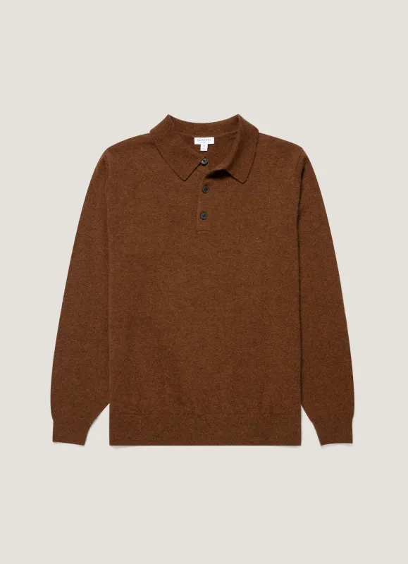 Men's Cashmere Knitted Polo Shirt in Chestnut Melange made by Sunspel