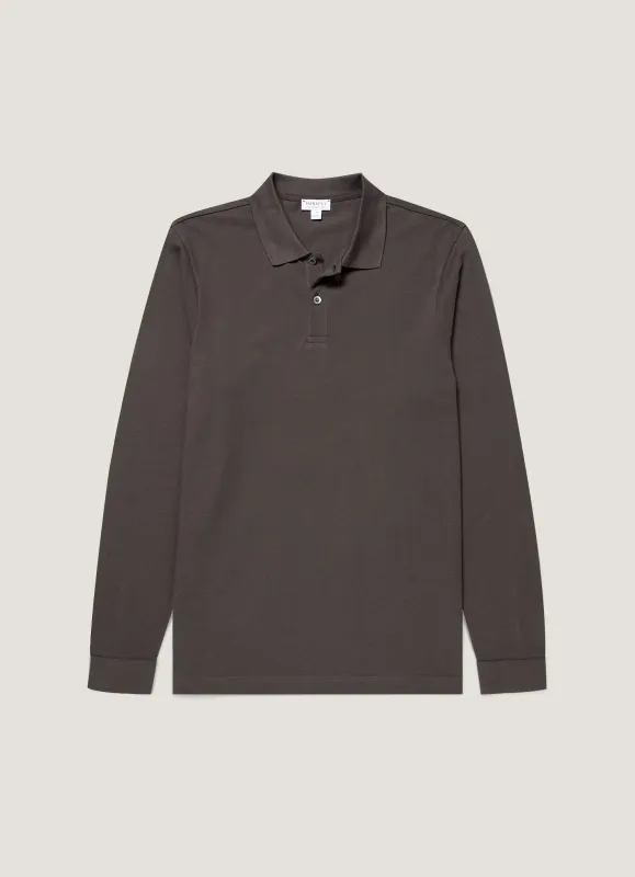 Men's Long Sleeve Piqué Polo Shirt in Anthracite made by Sunspel