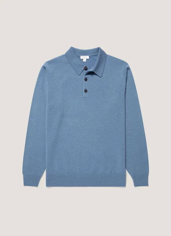 Men's Cashmere Knitted Polo Shirt in Powder Blue made by Sunspel