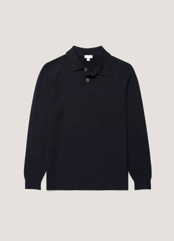Men's Cotton Basketweave Polo Shirt in Navy made by Sunspel
