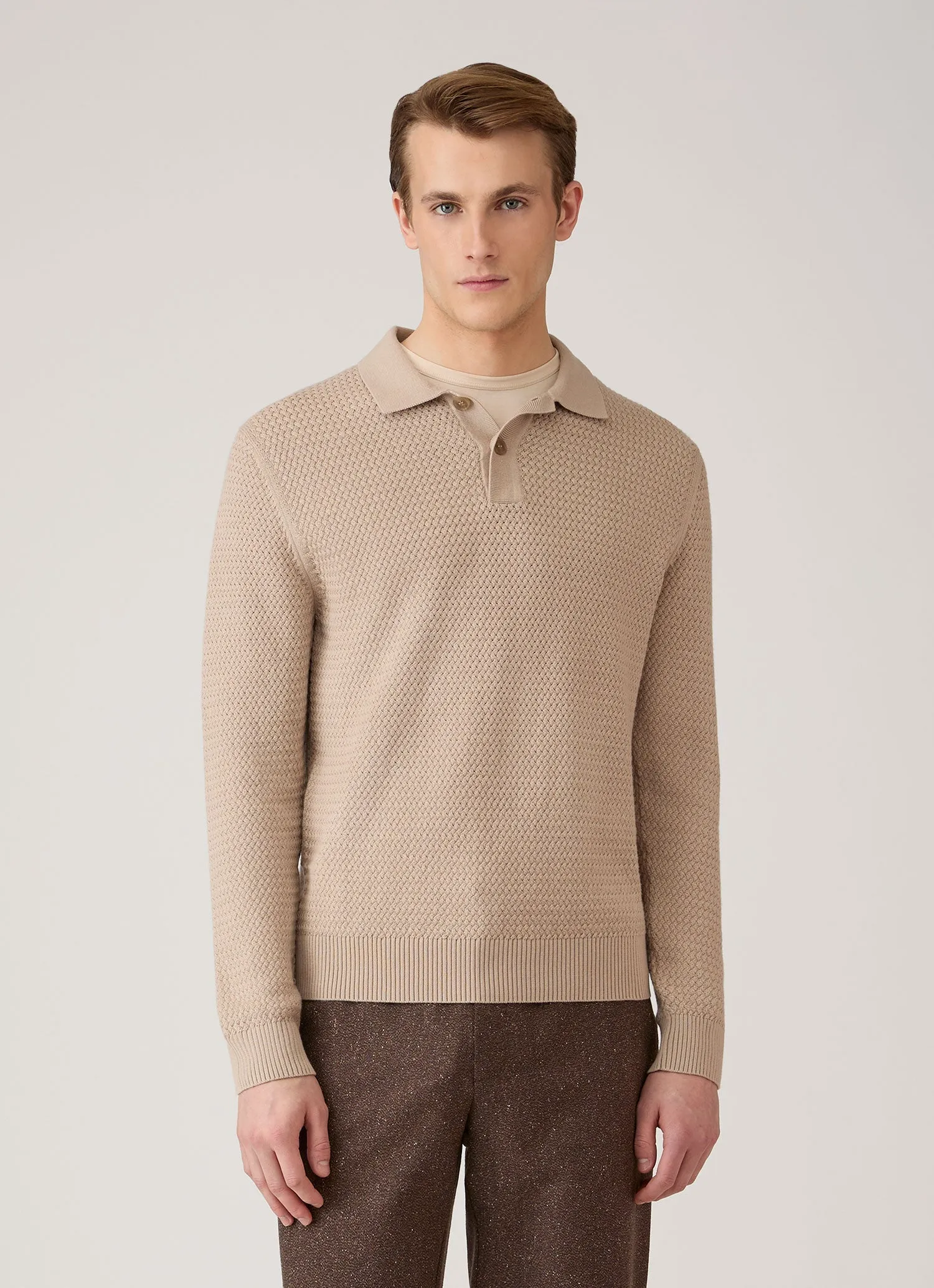 Men's Cotton Basketweave Polo Shirt in Stone sold by Sunspel product image thumbnail 2