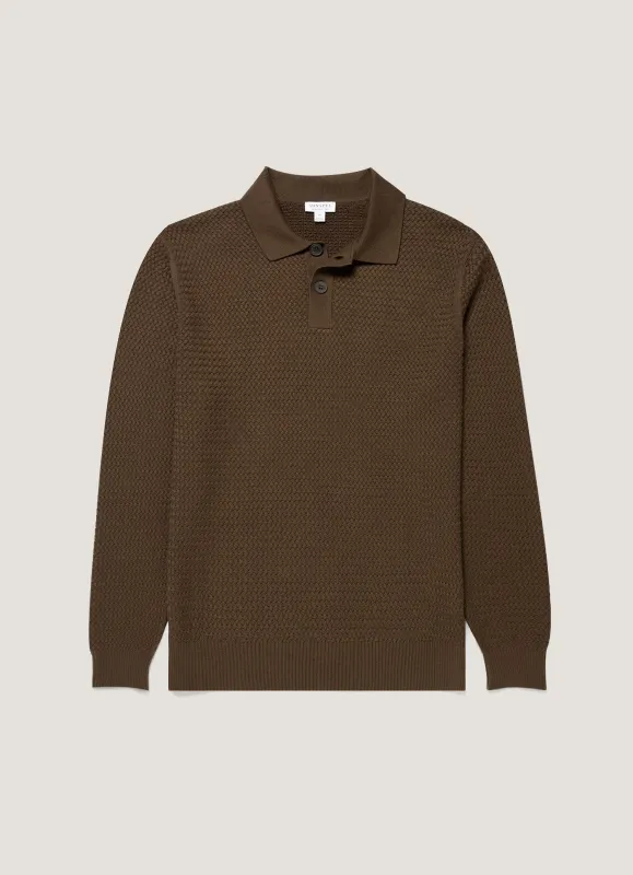 Men's Cotton Basketweave Polo Shirt in Loden Green made by Sunspel