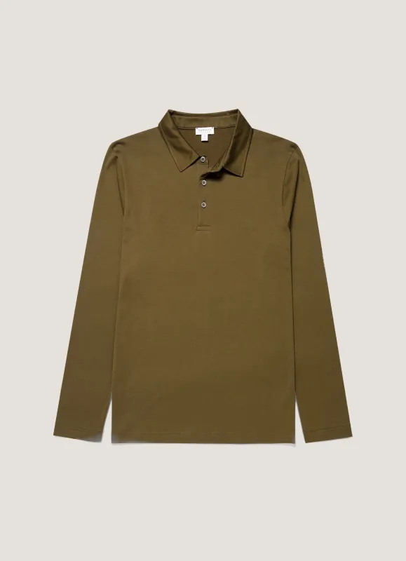 Men's Long Sleeve Classic Jersey Polo Shirt in Loden Green made by Sunspel