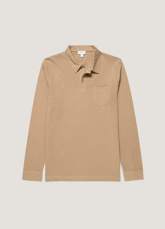 Men's Long Sleeve Riviera Polo Shirt in Dark Beige made by Sunspel