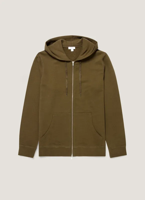 Men's Loopback Zip Hoodie in Loden Green made by Sunspel