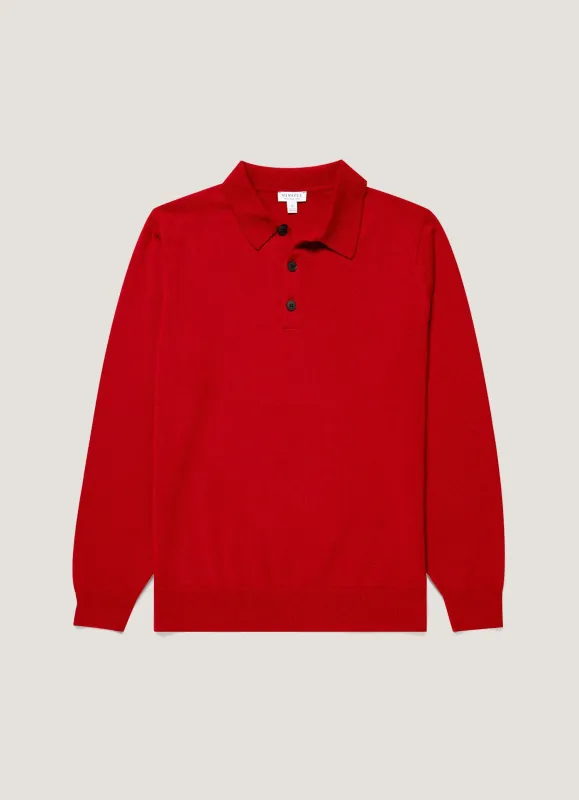 Men's Cashmere Knitted Polo Shirt in Ruby Red made by Sunspel