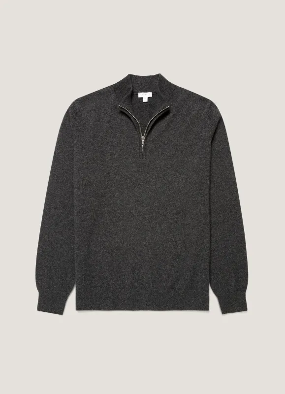 Men's Cashmere Half Zip Jumper in Charcoal Melange made by Sunspel