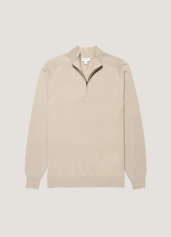 Men's Sea Island Cashmere Half Zip in Stone made by Sunspel