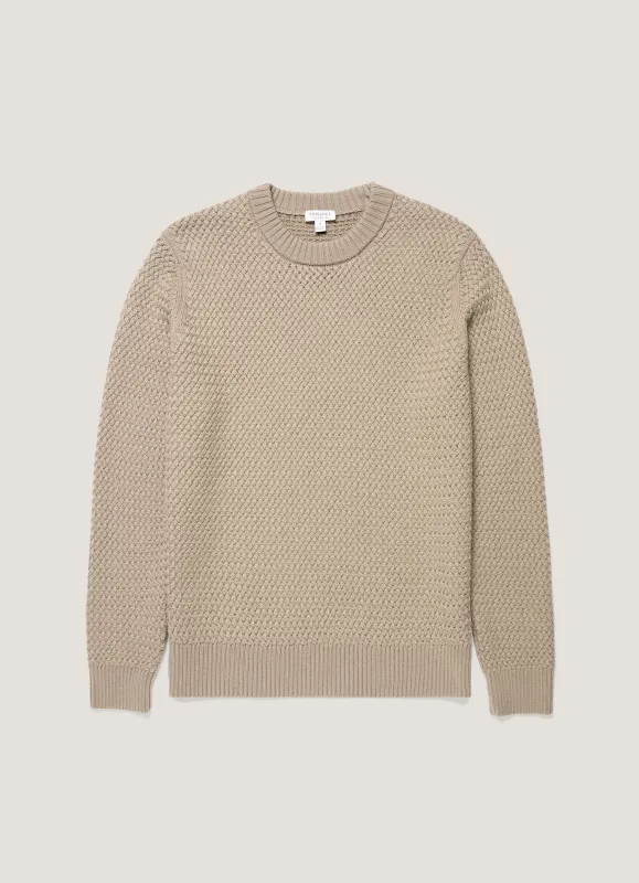Men's Merino Wool Basketweave Jumper in Stone made by Sunspel