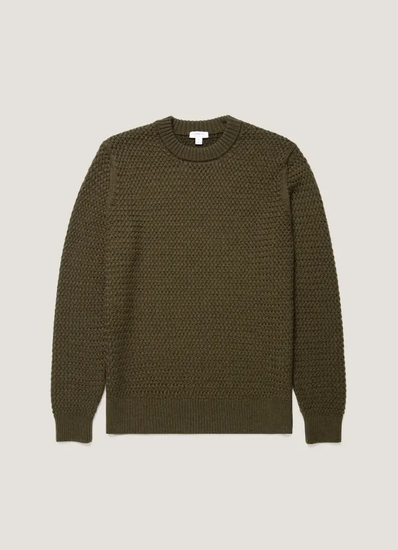 Men's Merino Wool Basketweave Jumper in Loden Green made by Sunspel