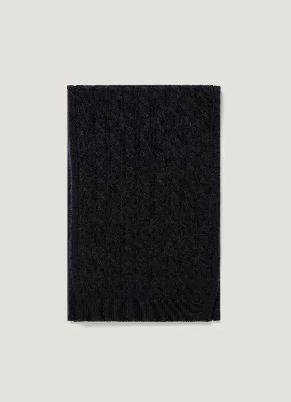 Men's Cashmere Cable Scarf in Navy made by Sunspel