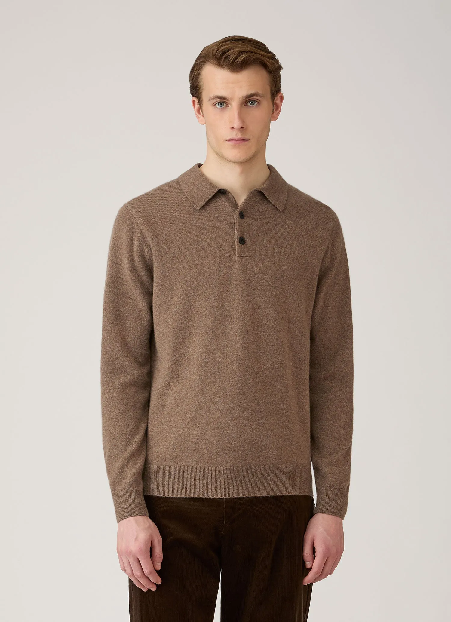 Men's Cashmere Knitted Polo Shirt in Taupe sold by Sunspel product image thumbnail 2