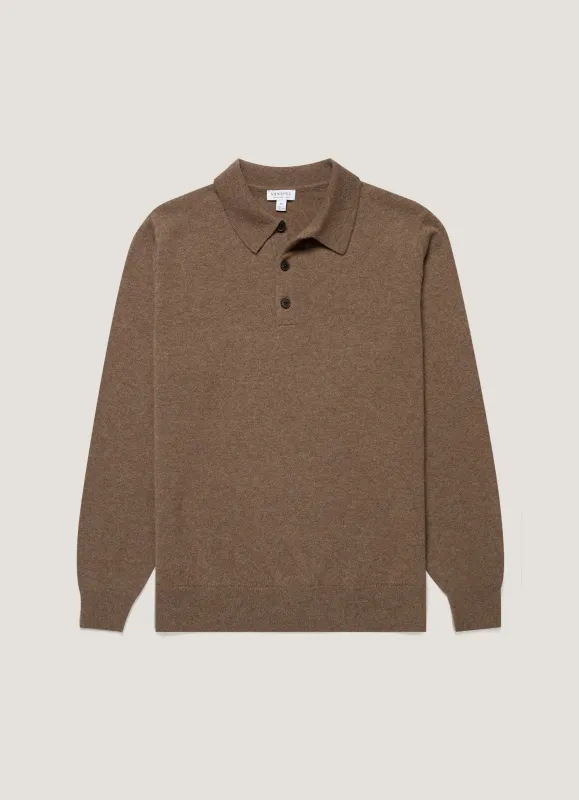 Men's Cashmere Knitted Polo Shirt in Taupe made by Sunspel