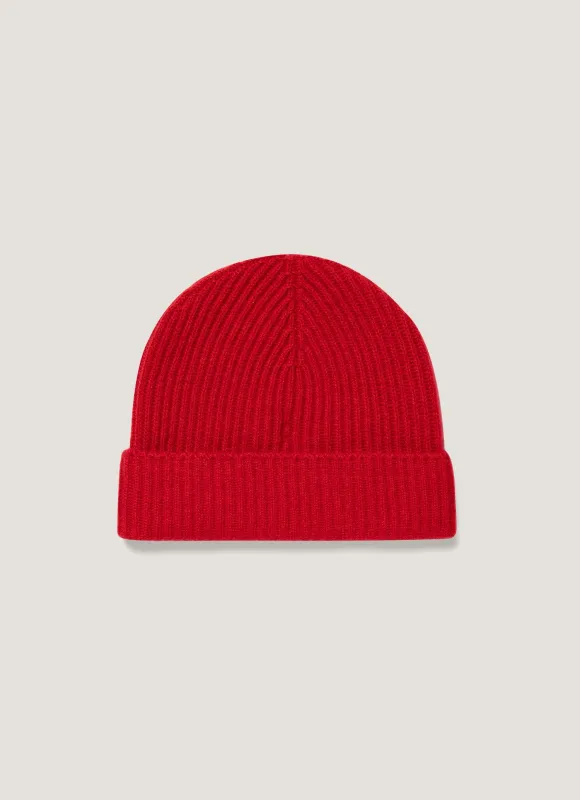 Men's Cashmere Ribbed Hat in Ruby Red made by Sunspel