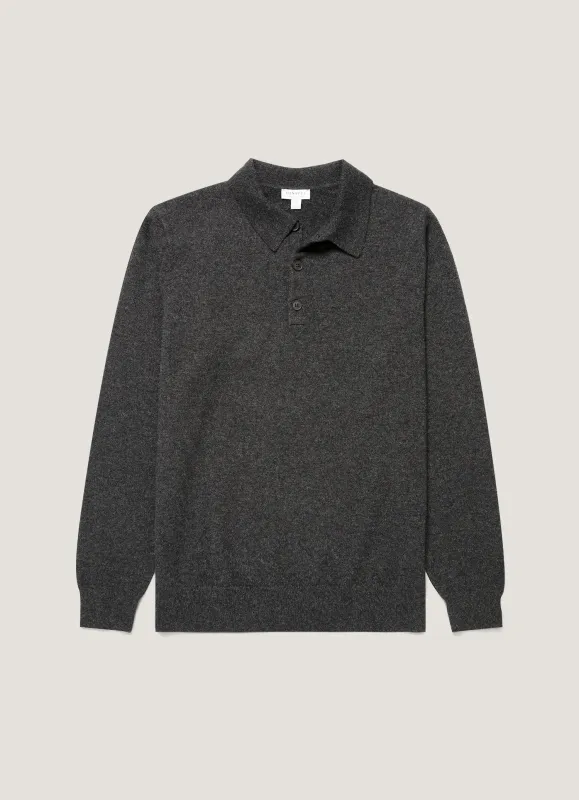 Men's Cashmere Knitted Polo Shirt in Charcoal Melange made by Sunspel