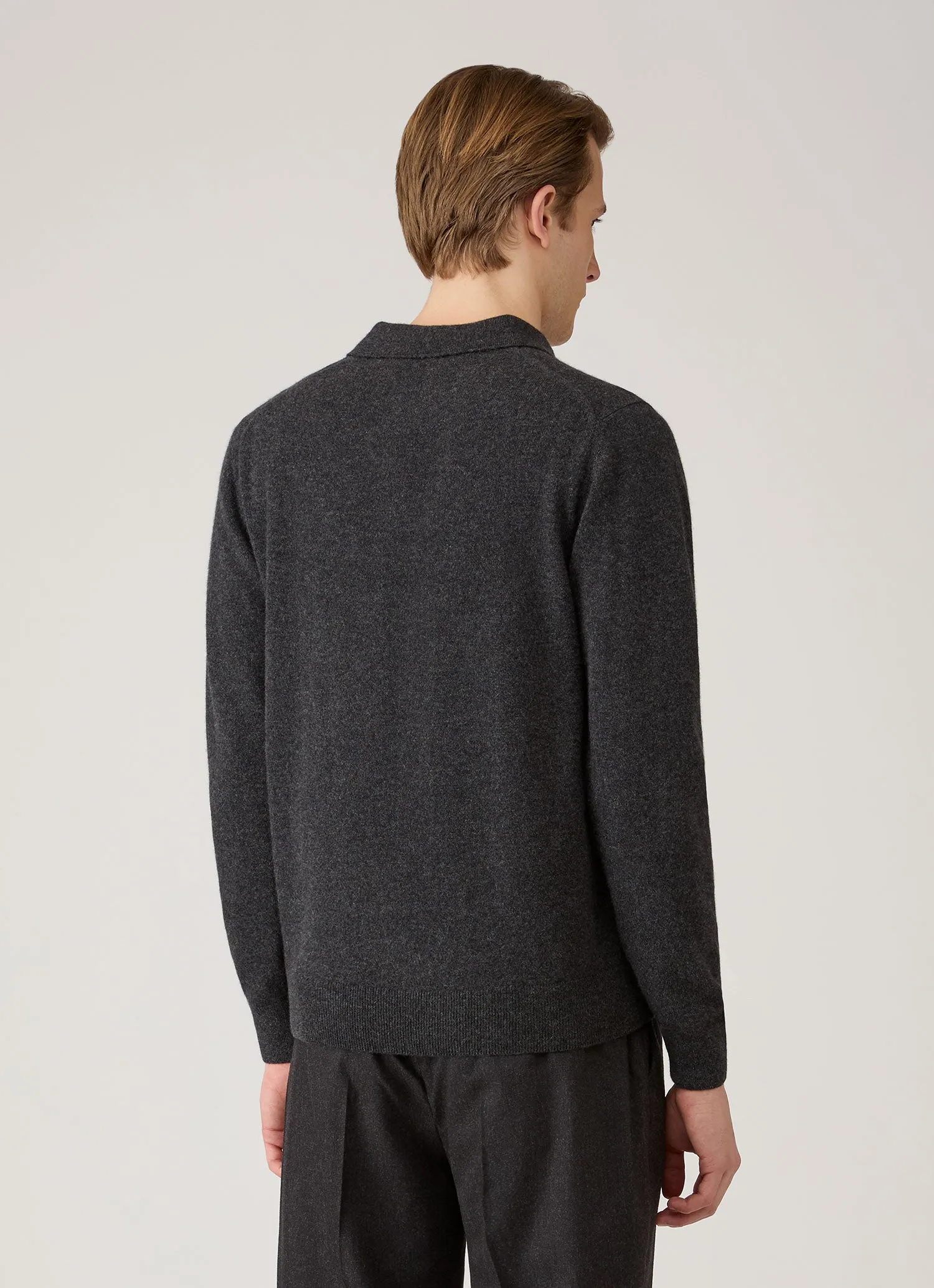 Men's Cashmere Knitted Polo Shirt in Charcoal Melange sold by Sunspel product image thumbnail 5