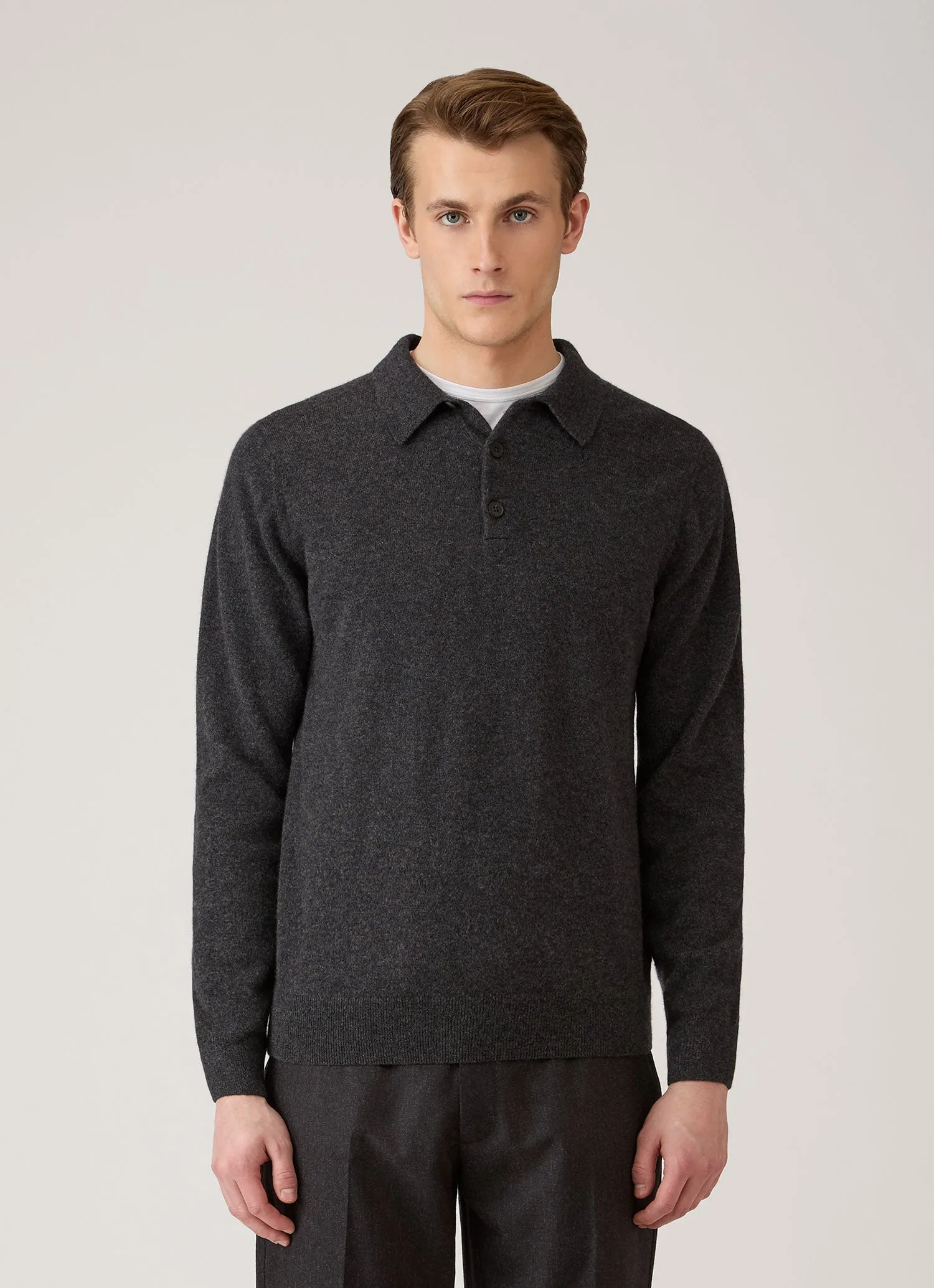 Men's Cashmere Knitted Polo Shirt in Charcoal Melange sold by Sunspel product image thumbnail 2