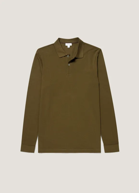 Men's Long Sleeve Piqué Polo Shirt in Loden Green made by Sunspel