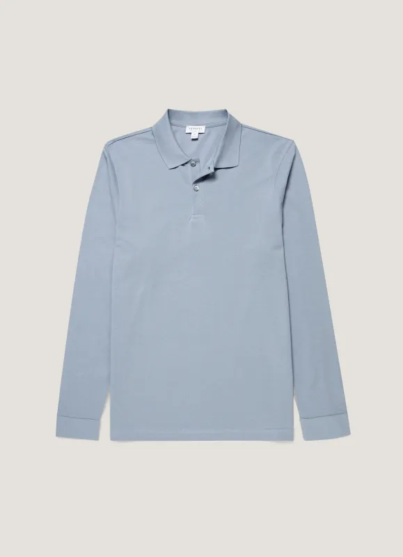 Men's Long Sleeve Piqué Polo Shirt in Powder Blue made by Sunspel