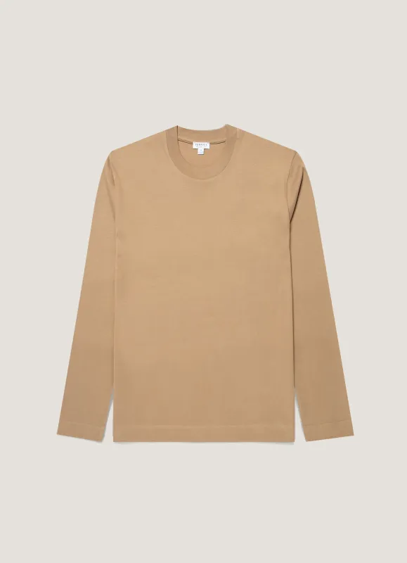 Men's Long Sleeve Heavyweight T-shirt in Dark Beige made by Sunspel