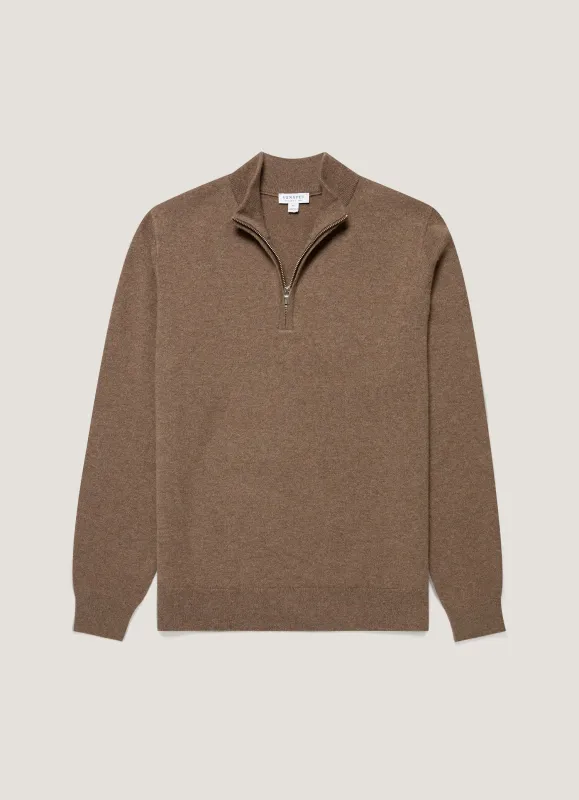 Men's Cashmere Half Zip Jumper in Taupe made by Sunspel