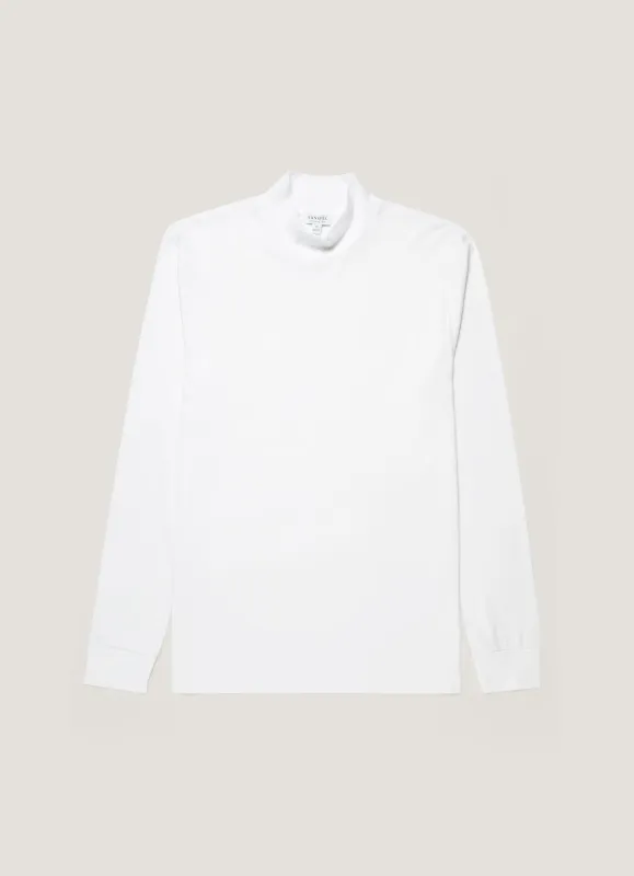 Men's Long Sleeve Brushed Cotton Mock Neck T-shirt in White made by Sunspel