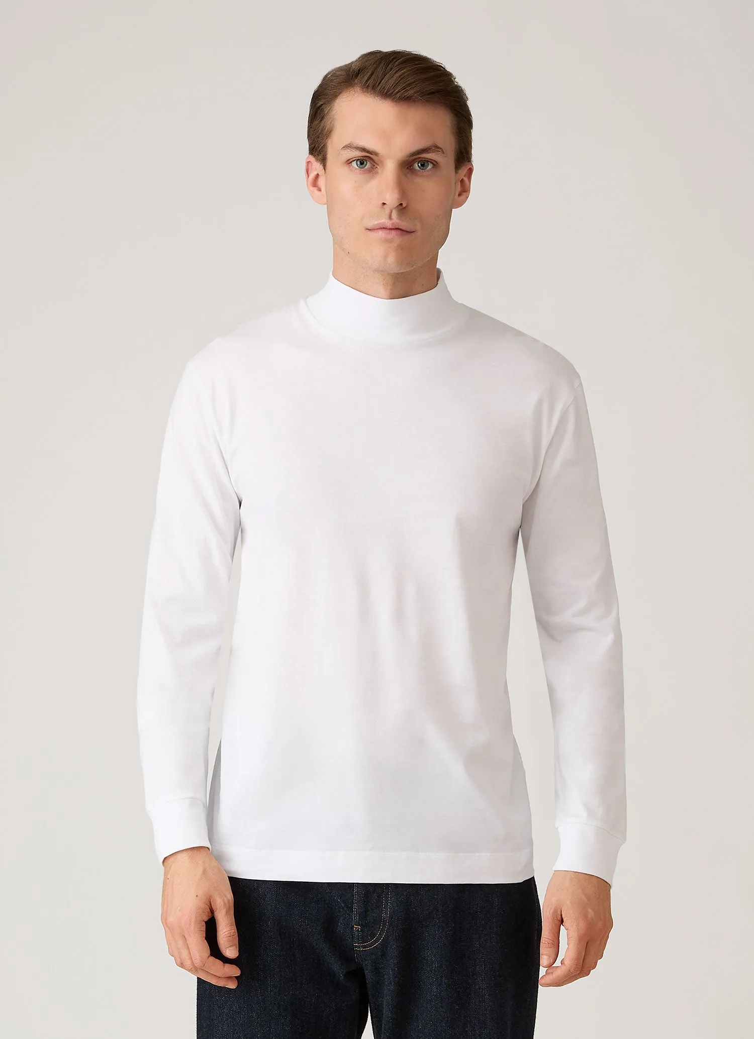Men's Long Sleeve Brushed Cotton Mock Neck T-shirt in White sold by Sunspel product image thumbnail 2