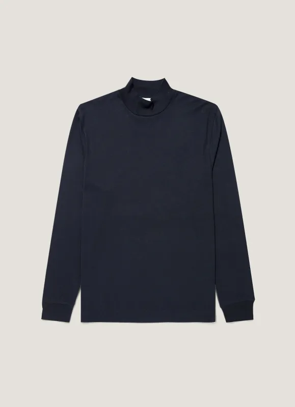 Men's Long Sleeve Brushed Cotton Mock Neck T-shirt in Midnight Navy made by Sunspel