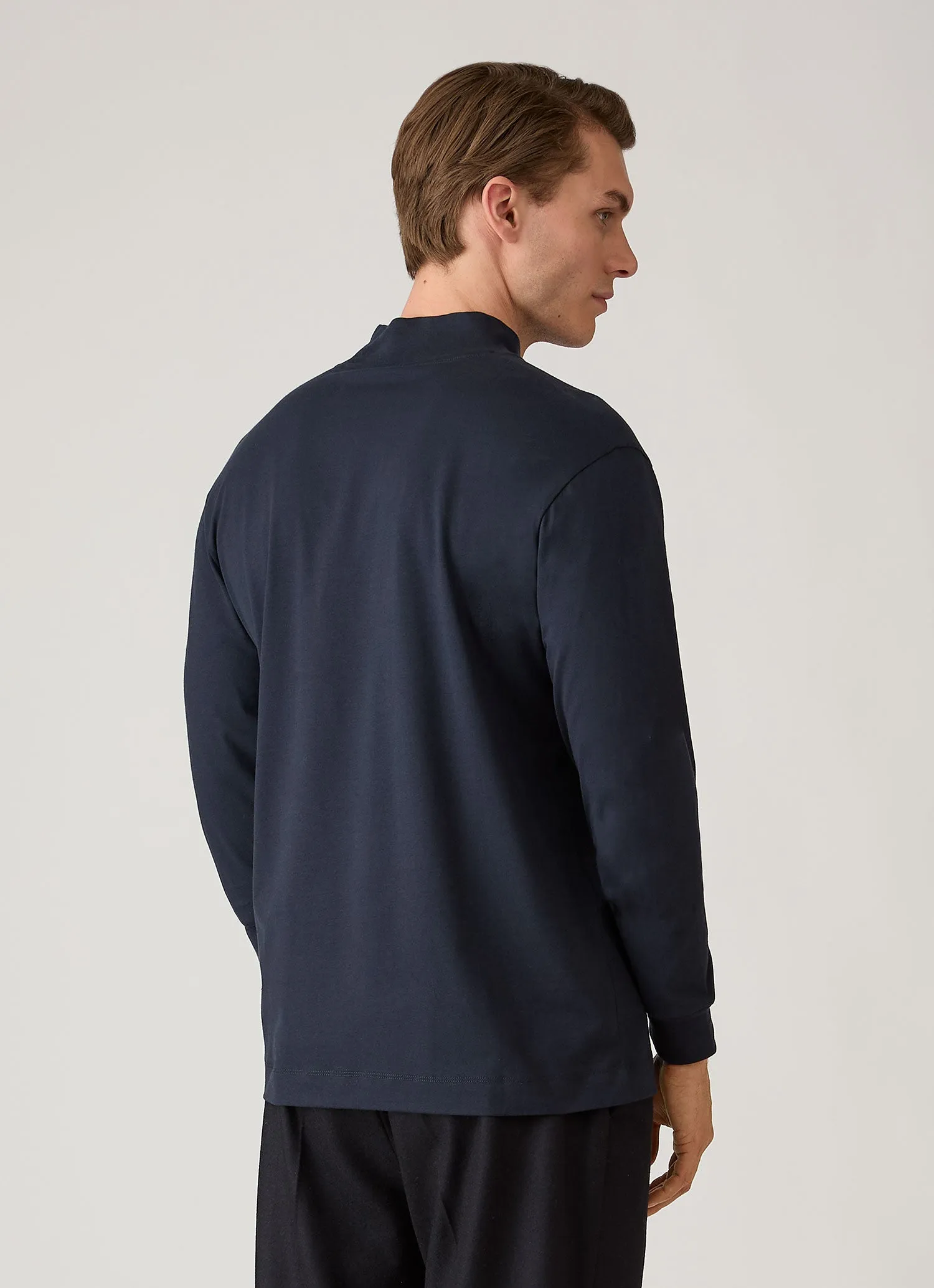 Men's Long Sleeve Brushed Cotton Mock Neck T-shirt in Midnight Navy sold by Sunspel product image thumbnail 5