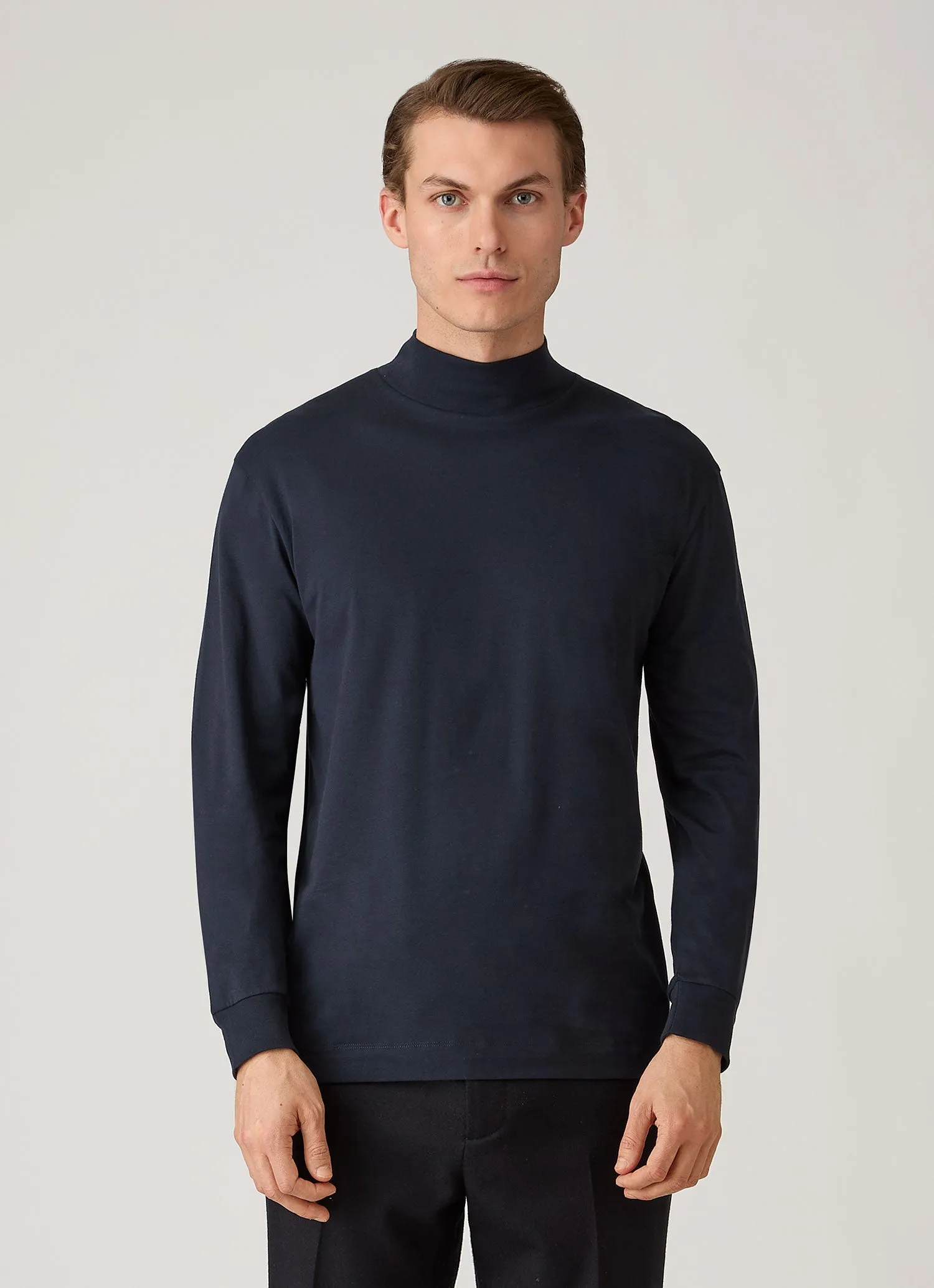 Men's Long Sleeve Brushed Cotton Mock Neck T-shirt in Midnight Navy sold by Sunspel product image thumbnail 2
