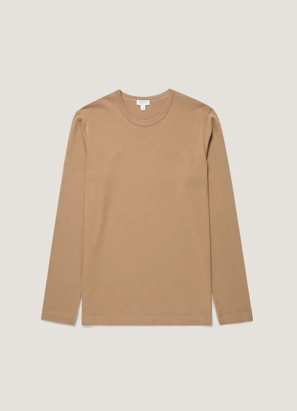 Men's Long Sleeve Heavyweight Classic T-shirt in Dark Beige made by Sunspel