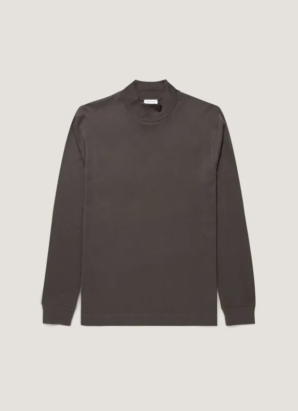 Men's Long Sleeve Brushed Cotton Mock Neck T-shirt in Anthracite made by Sunspel