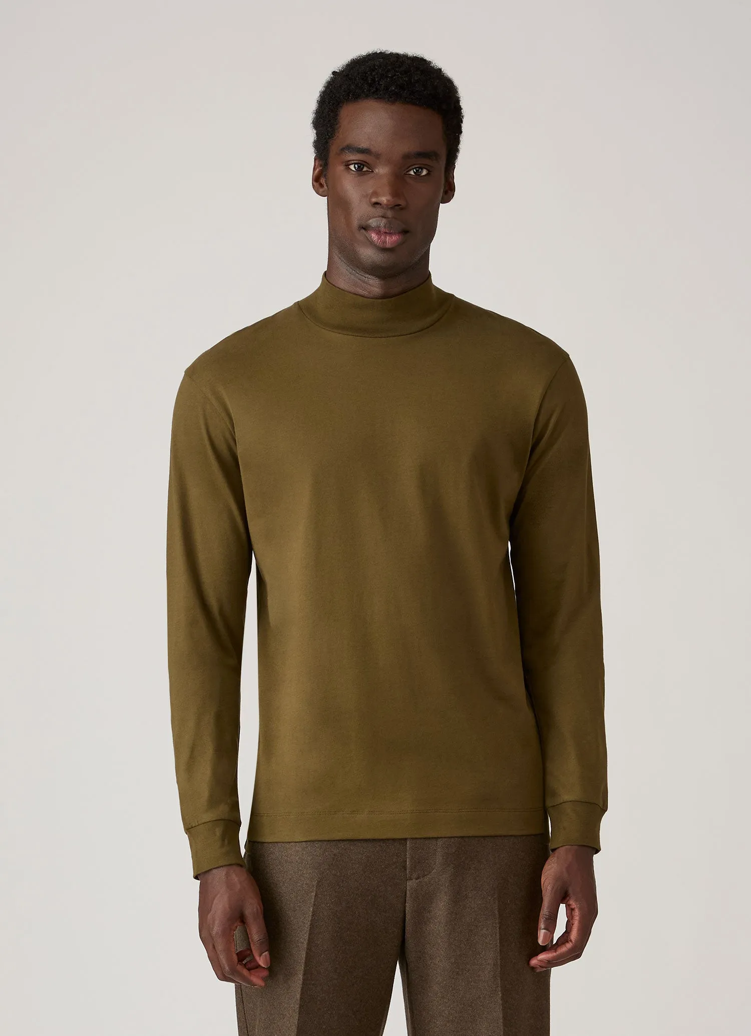 Men's Long Sleeve Brushed Cotton Mock Neck T-shirt in Loden Green sold by Sunspel product image thumbnail 2