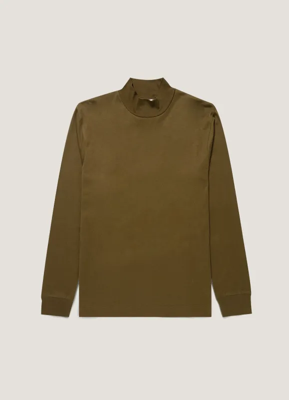 Men's Long Sleeve Brushed Cotton Mock Neck T-shirt in Loden Green made by Sunspel