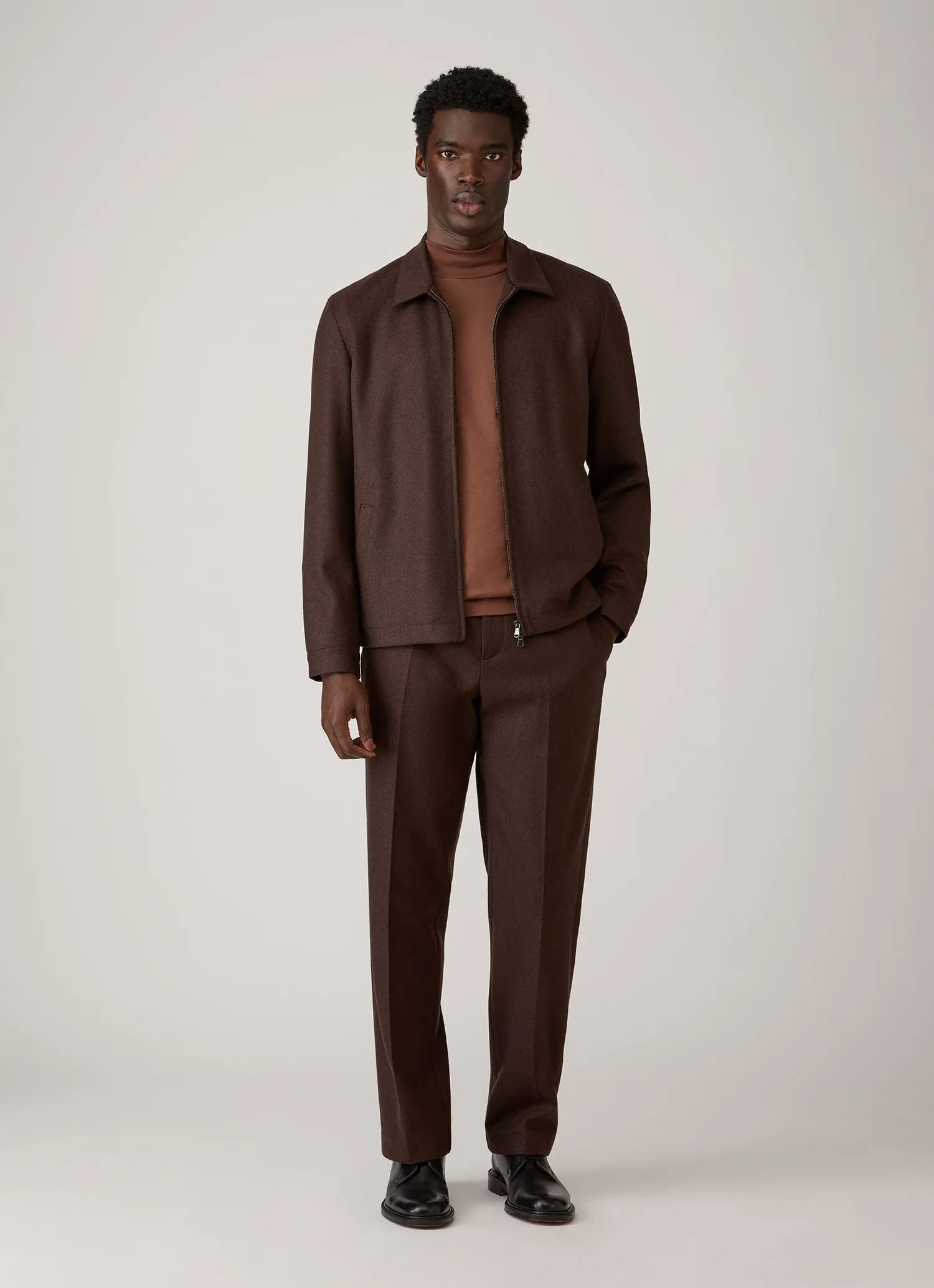 Men's Long Sleeve Brushed Cotton Mock Neck T-shirt in Chestnut sold by Sunspel product image thumbnail 3