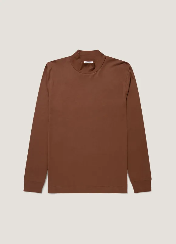 Men's Long Sleeve Brushed Cotton Mock Neck T-shirt in Chestnut made by Sunspel