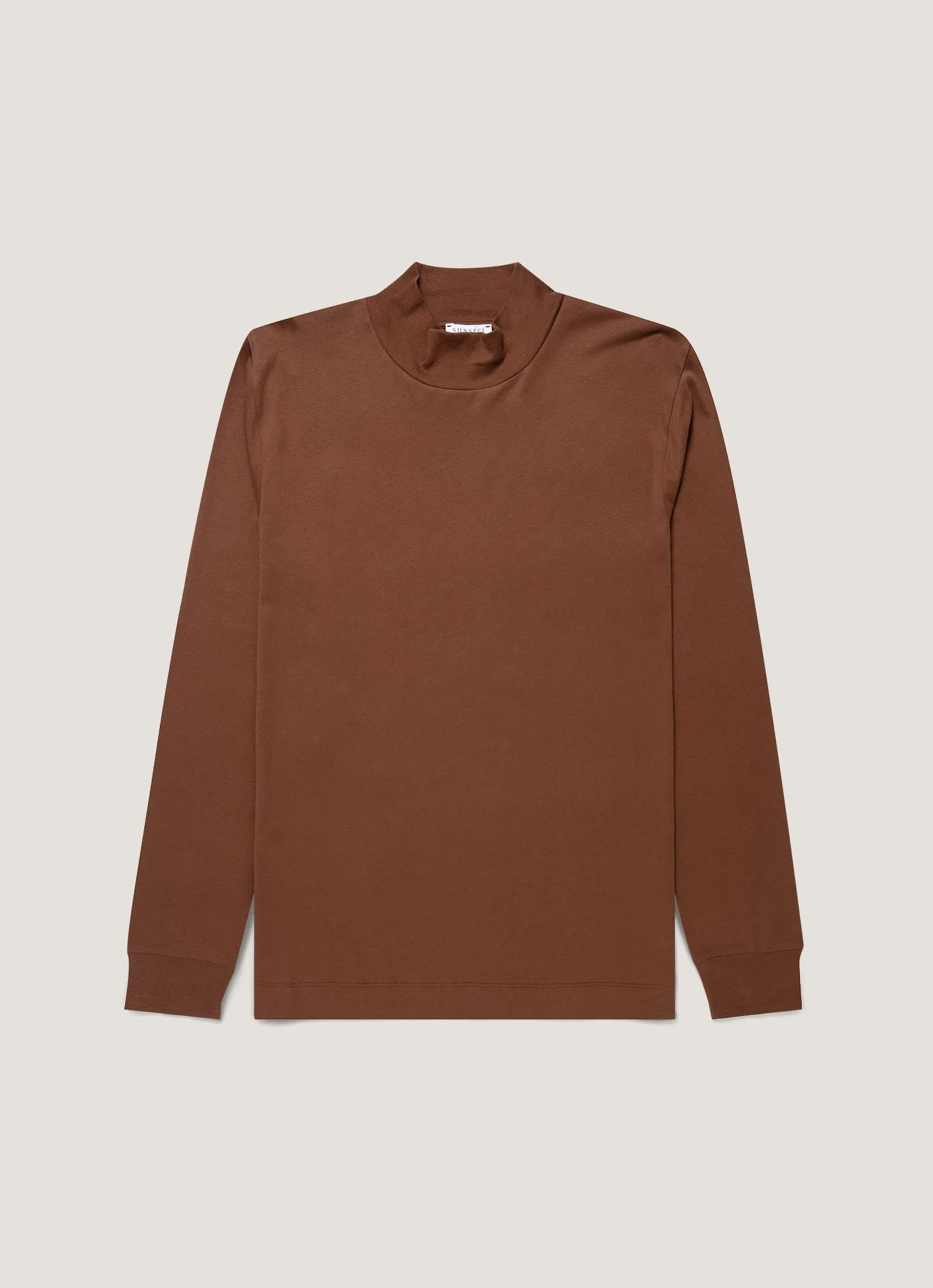 Men's Long Sleeve Brushed Cotton Mock Neck T-shirt in Chestnut sold by Sunspel