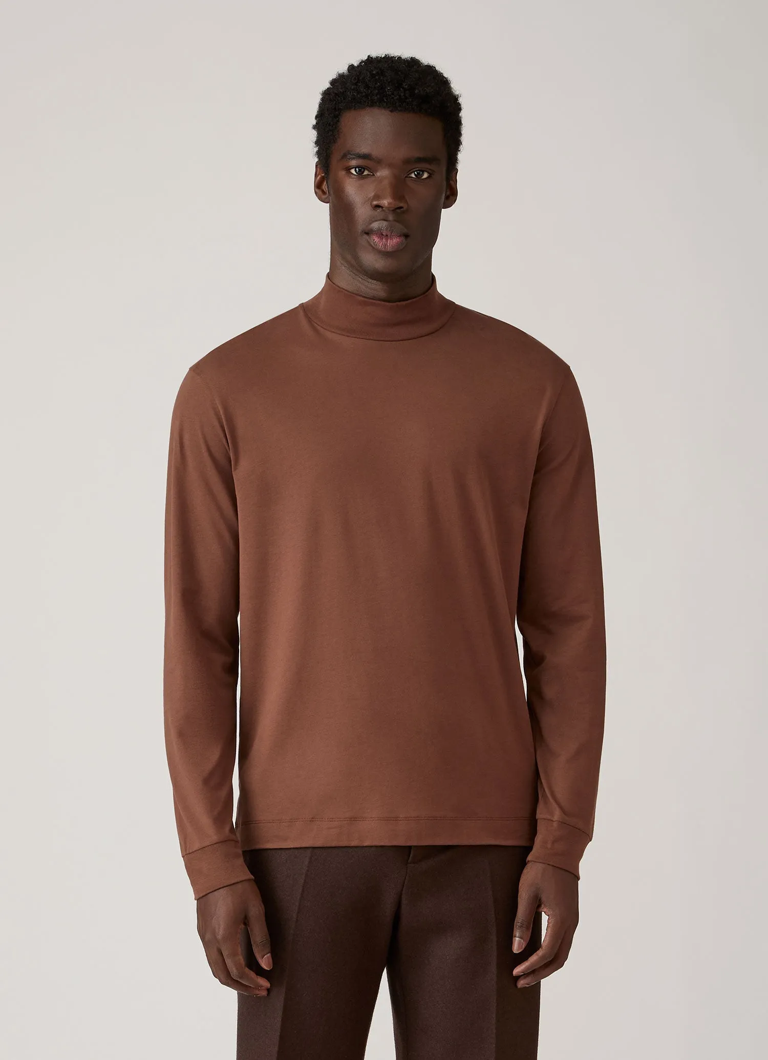 Men's Long Sleeve Brushed Cotton Mock Neck T-shirt in Chestnut sold by Sunspel product image thumbnail 2