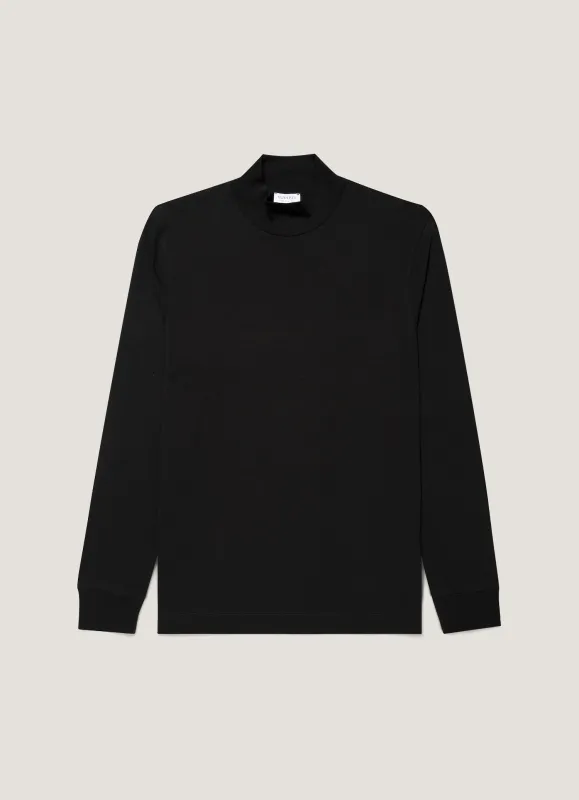 Men's Long Sleeve Brushed Cotton Mock Neck T-shirt in Black made by Sunspel