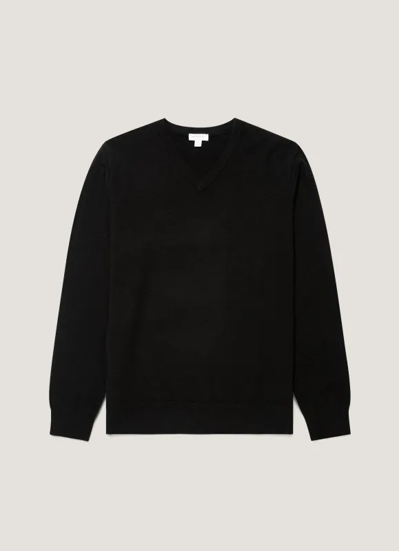 Men's Cashmere V-neck Jumper in Black made by Sunspel