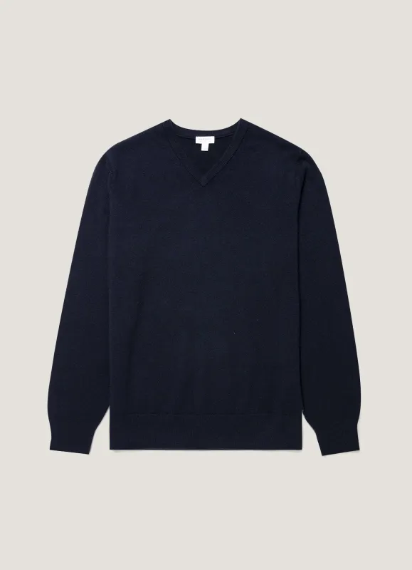 Men's Cashmere V-neck Jumper in Navy made by Sunspel